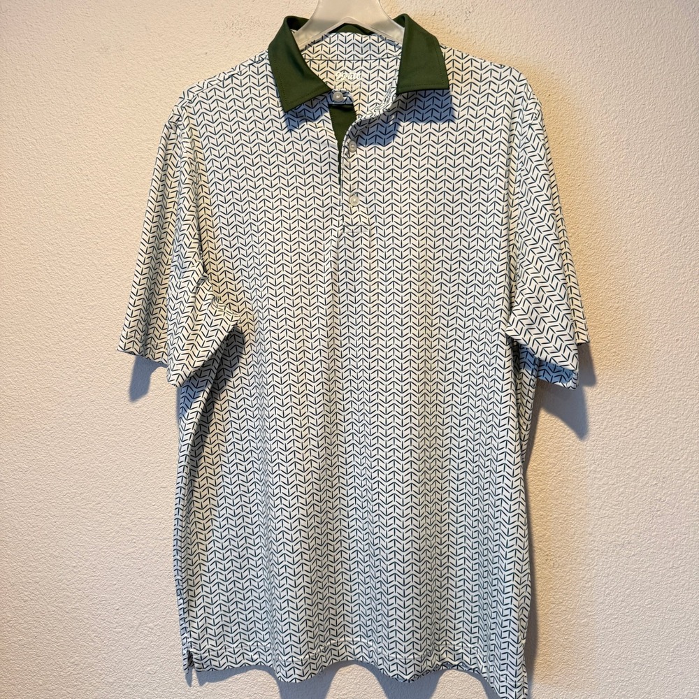 2Putt Mens Performance Golf‎ Polo Shirt L Green White Geometric Chevron Print